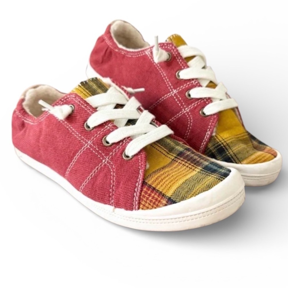 Jellypop Womens Red Corduroy Yellow Plaid Faux Shearling Slip‎ On Sneakers 9.5M